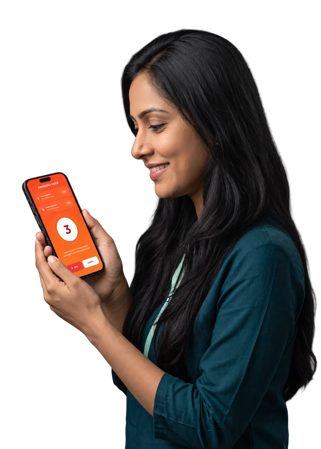 A woman holding her phone as Luraea counts down before sending an SOS alert, with Cancel and Skip on screen